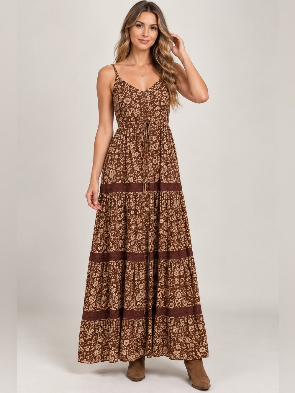 Idyllwind Miranda Lambert Brown Floral Boho Tiered Maxi Dress Small Fall Dress